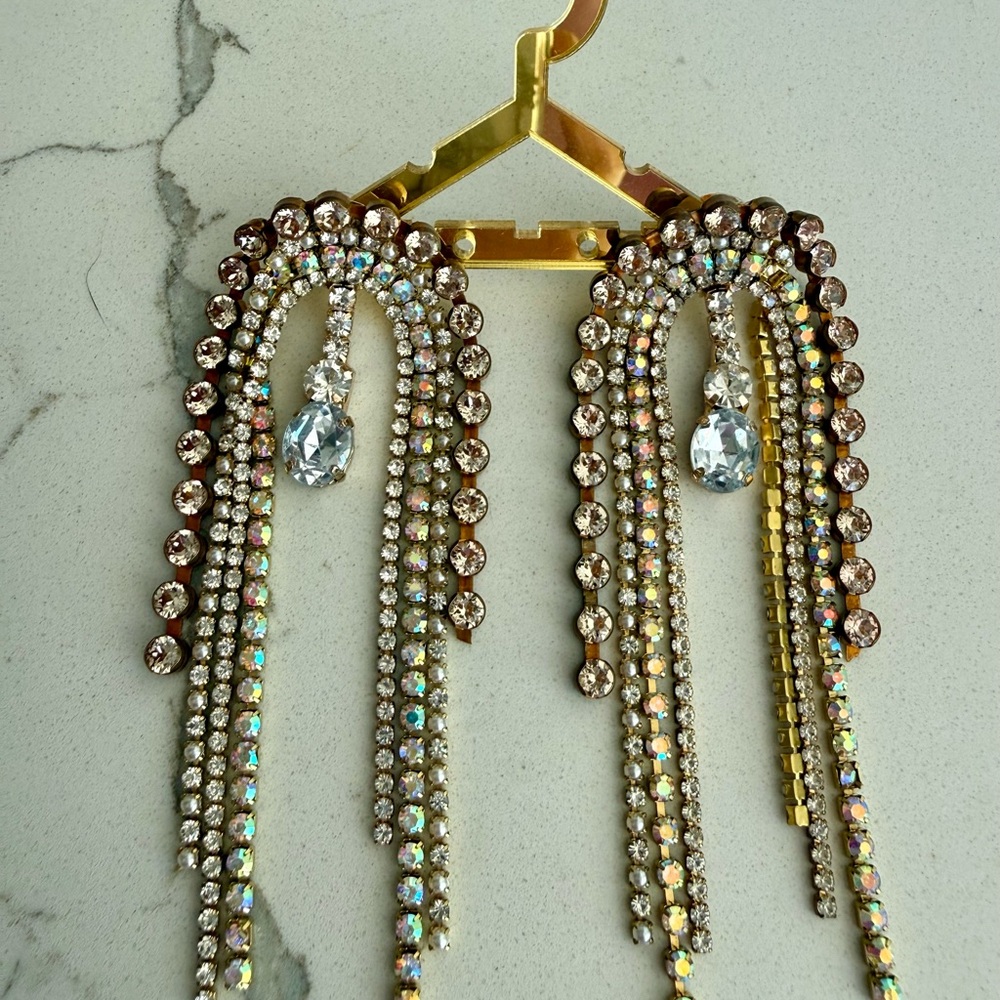 Elegant Crystal & Gold Dangle Tear Drop Earrings - Picture 2 of 3